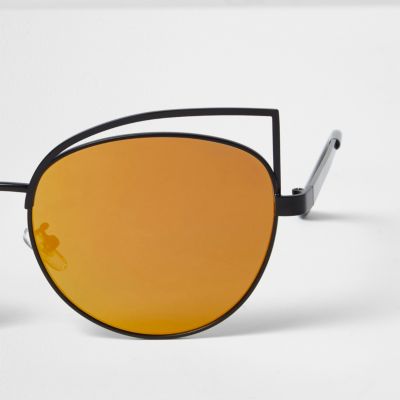 Black wire cat eye rainbow mirror sunglasses
